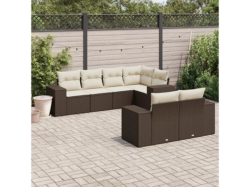 Salon de jardin avec coussins 7 pcs marron résine tressée