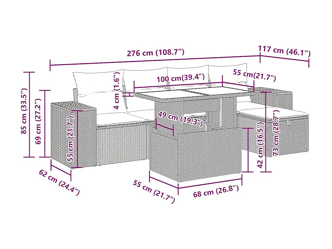 6 pcs conj. sofás jardim com almofadões vime PE cinzento-claro