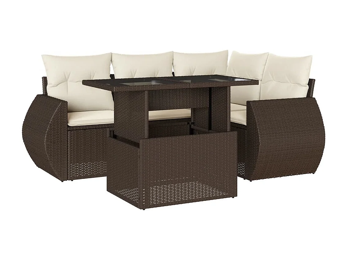 5 pcs conjunto sofás p/ jardim c/ almofadões vime PE castanho