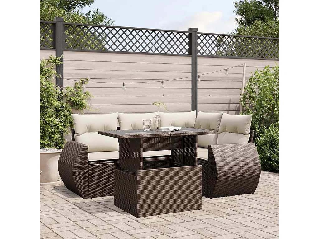 5 pcs conjunto sofás p/ jardim c/ almofadões vime PE castanho