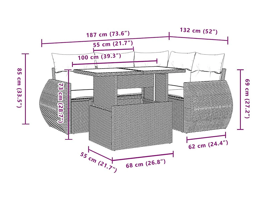 5 pcs conjunto sofás p/ jardim c/ almofadões vime PE castanho
