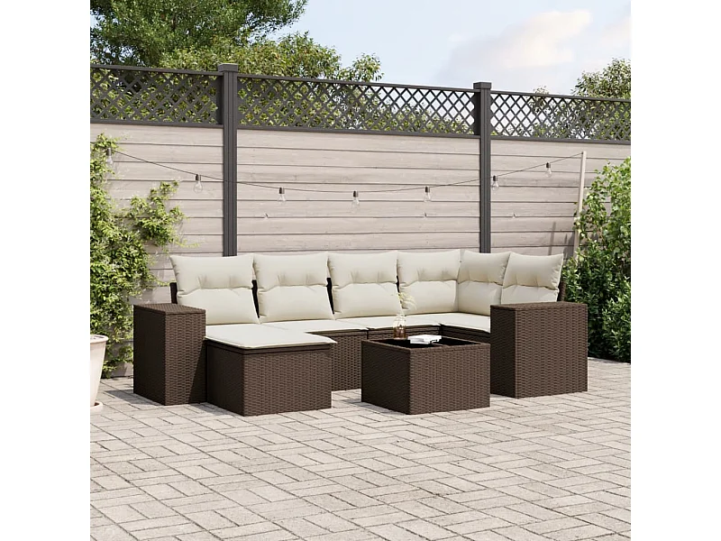 Salon de jardin avec coussins 7 pcs marron résine tressée