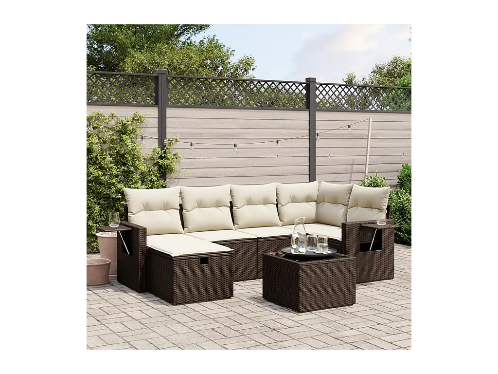 Set Divani da Giardino 7 pz con Cuscini Marrone in Polyrattan