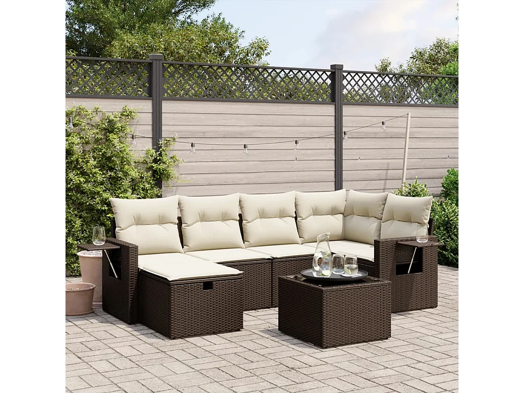 7-delige Loungeset met kussens poly rattan bruin
