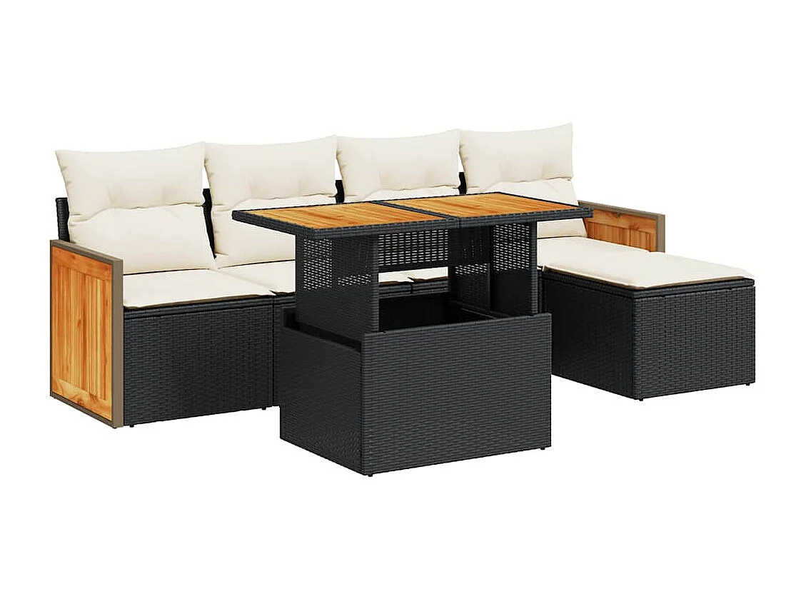 Set Divano da Giardino 6 pz con Cuscini Nero Polyrattan Acacia