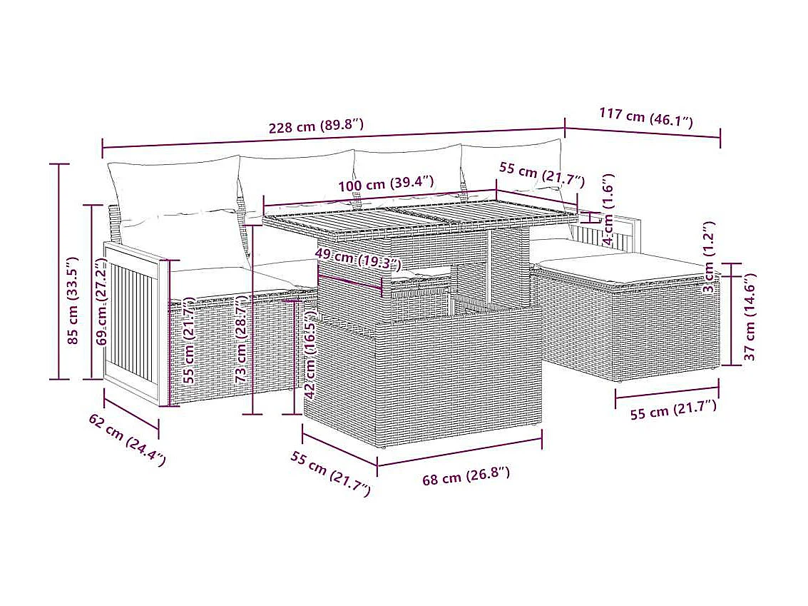 Set Divano da Giardino 6 pz con Cuscini Nero Polyrattan Acacia