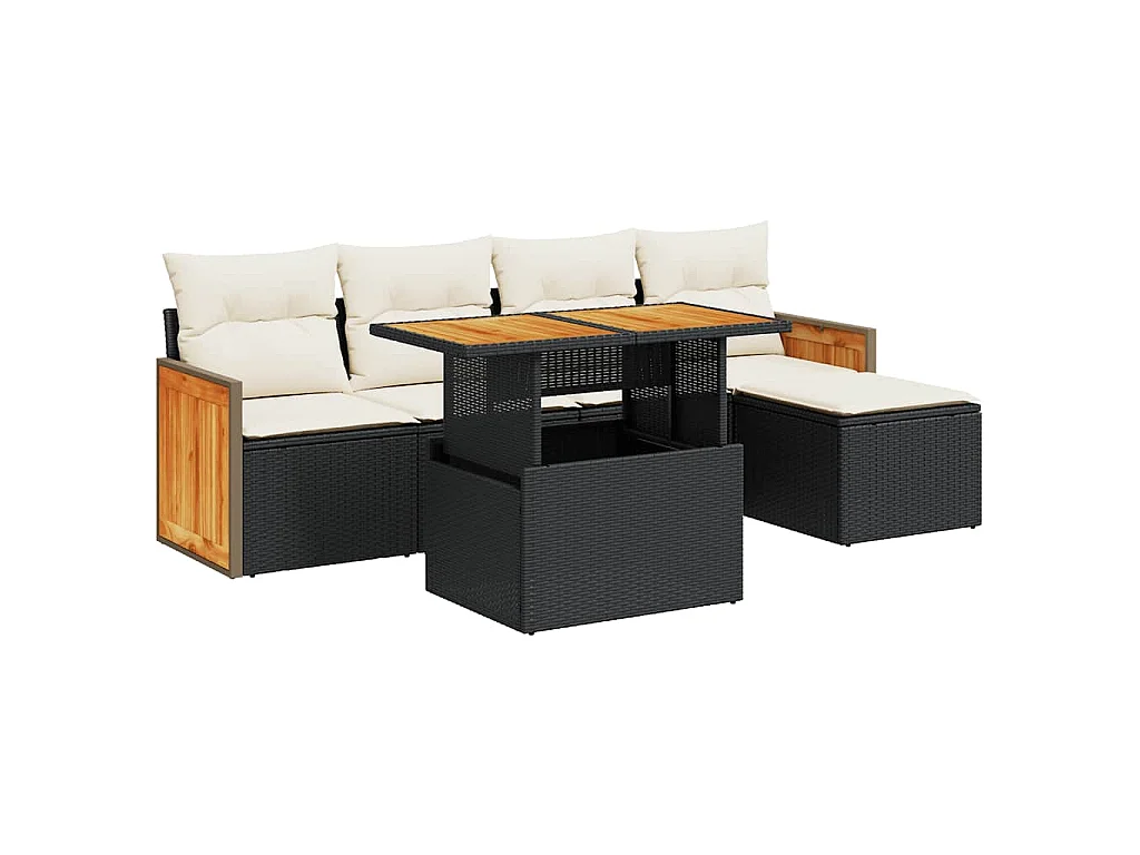 Set Divano da Giardino 6 pz con Cuscini Nero Polyrattan Acacia