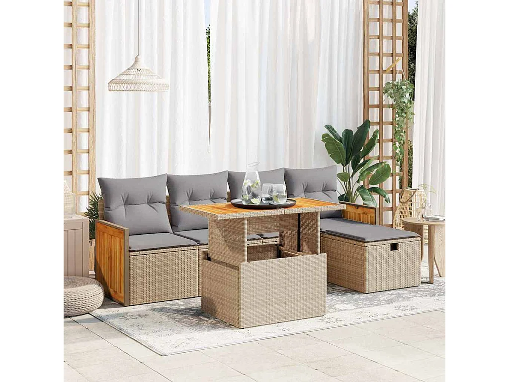 Set Divano da Giardino 6 pz con Cuscini Beige in Polyrattan