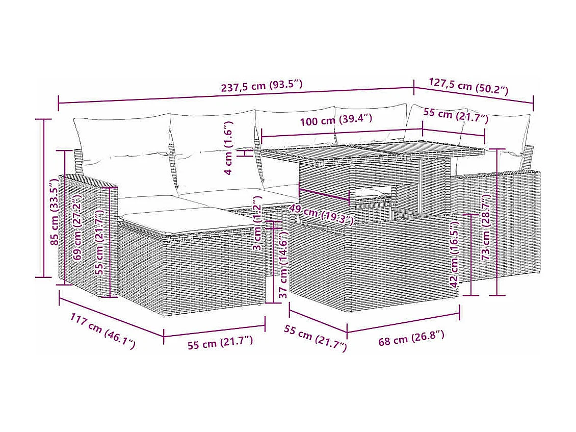 Salon de jardin avec coussins 7 pcs gris résine tressée
