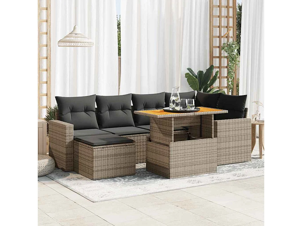 Set de sofás de jardín 7 pzas con cojines ratán sintético gris