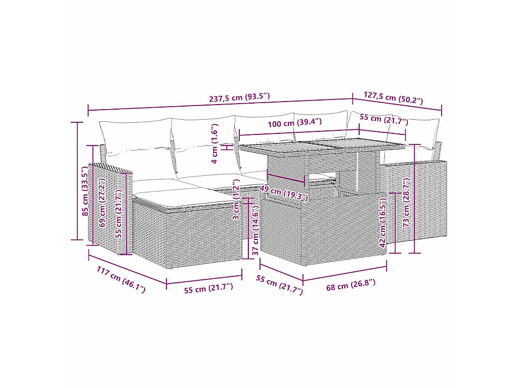 Set de sofás de jardín 7 pzas con cojines ratán sintético gris