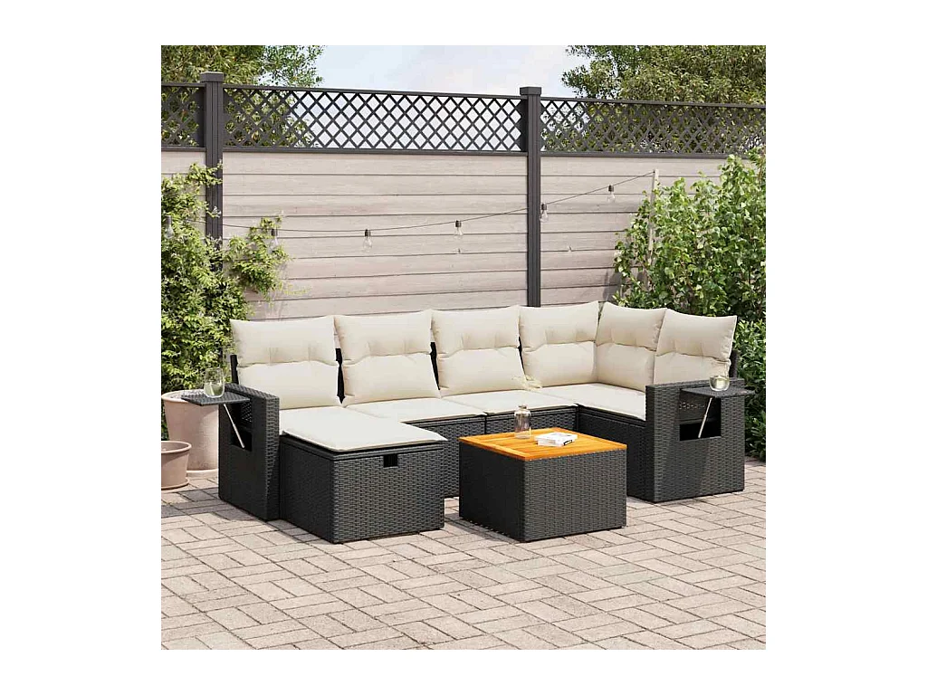 Set Divani da Giardino con Cuscini 7pz Nero Polyrattan