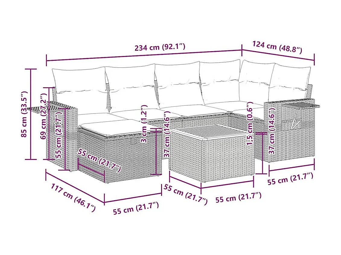 Set Divani da Giardino con Cuscini 7pz Nero Polyrattan