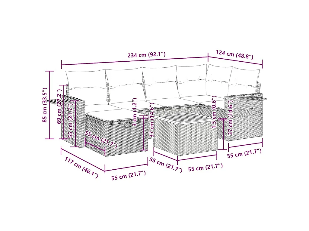 7-tlg. Garten-Sofagarnitur mit Kissen Schwarz Poly Rattan