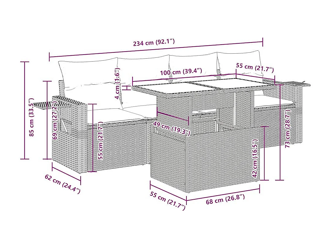 Set comedor de jardín 5 piezas y cojines ratán sintético marrón