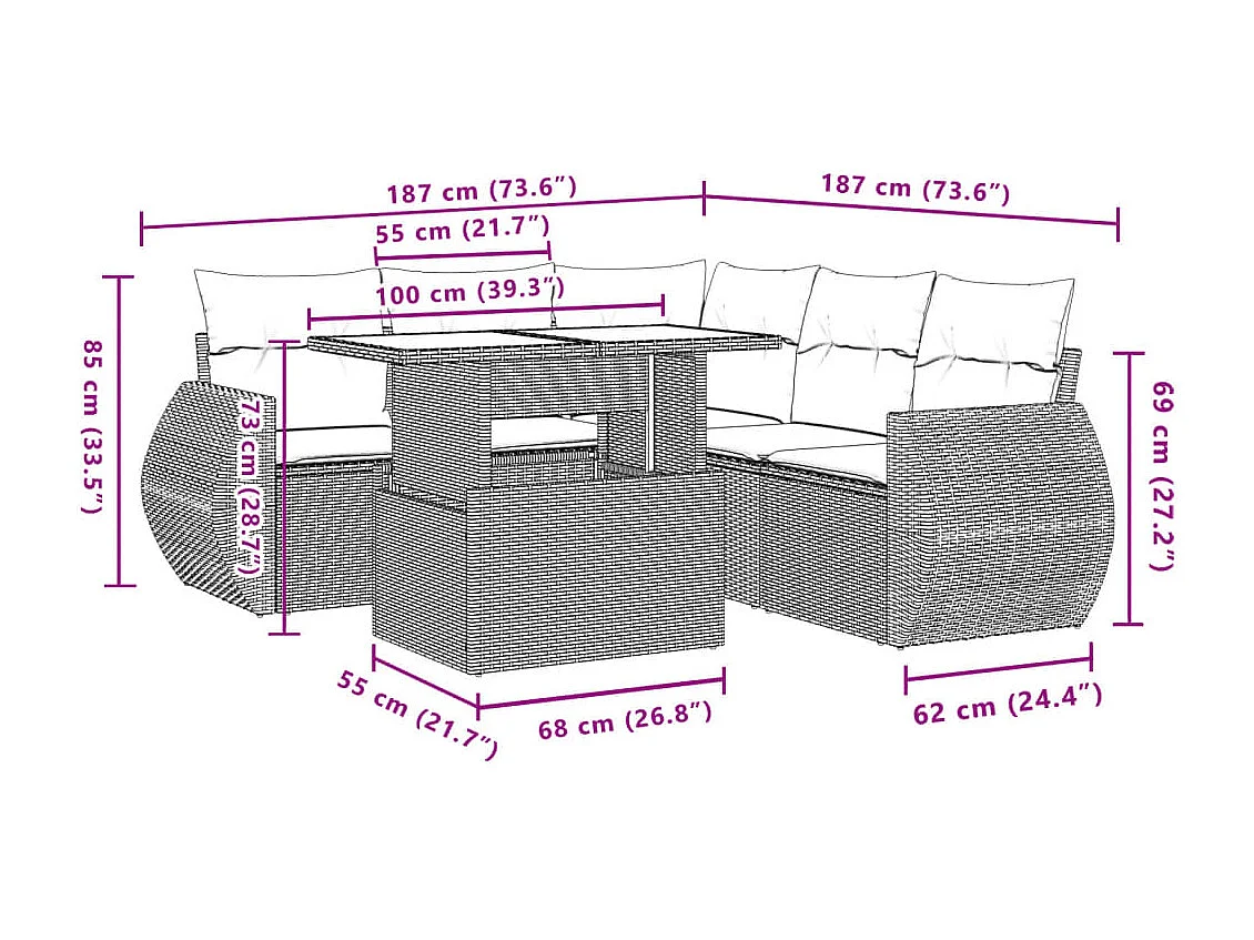 Set Divano da Giardino 6 pz con Cuscini Beige in Polyrattan