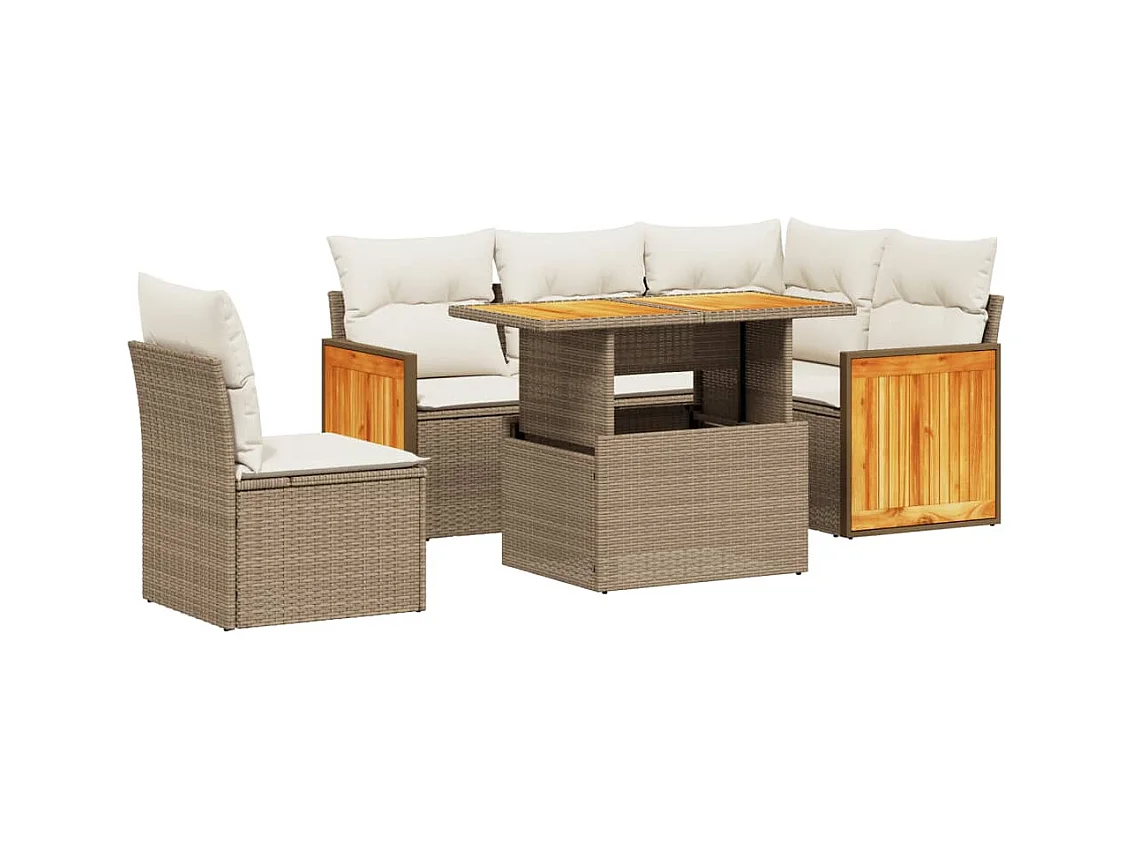 6-tlg. Garten-Sofagarnitur mit Kissen Beige Poly Rattan