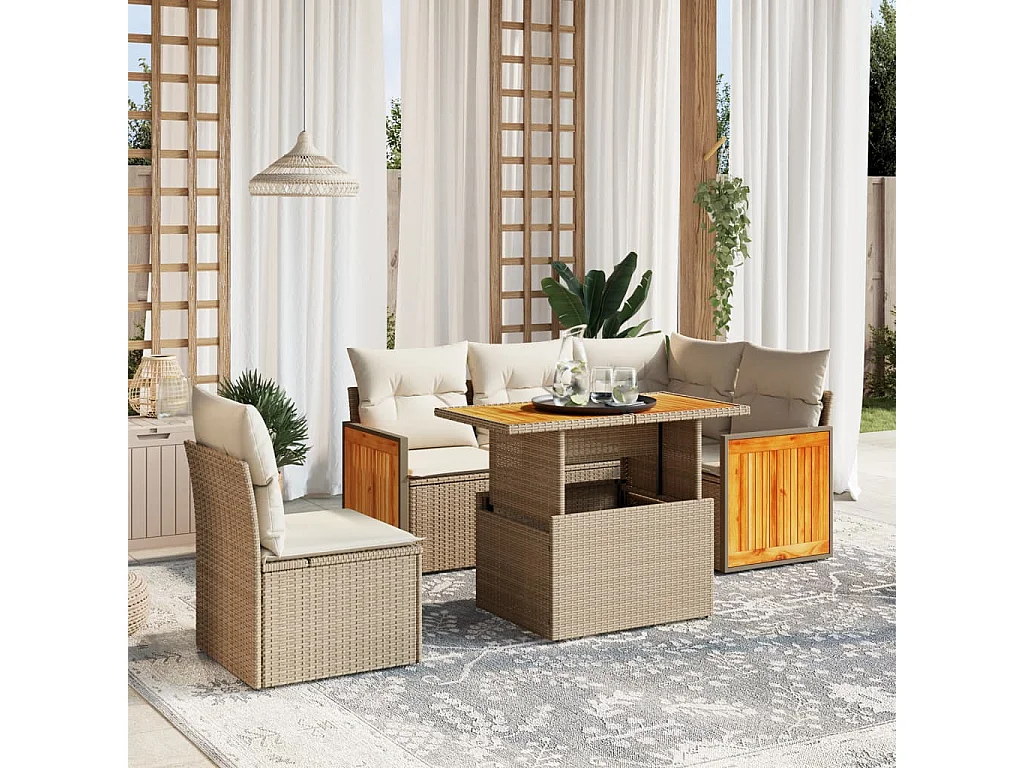 6-tlg. Garten-Sofagarnitur mit Kissen Beige Poly Rattan