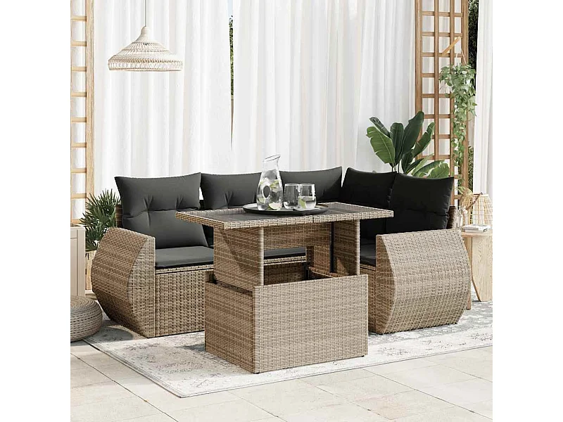 Salon de jardin 5 pcs avec coussins gris résine tressée