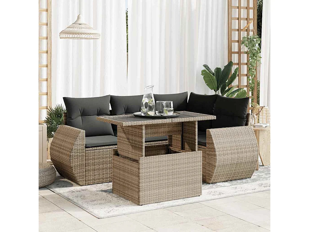 Salon de jardin 5 pcs avec coussins gris résine tressée