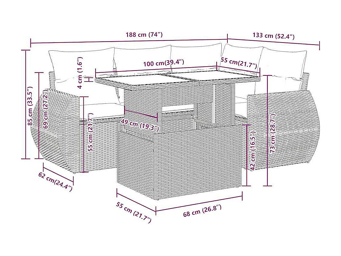 Salon de jardin 5 pcs avec coussins gris résine tressée