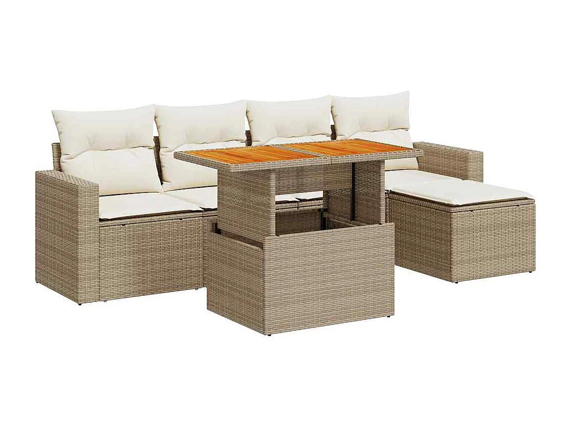 6-tlg. Garten-Sofagarnitur mit Kissen Beige Poly Rattan