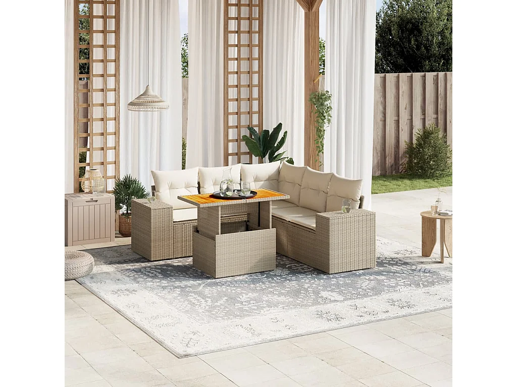 Set Divano da Giardino 6 pz con Cuscini Beige in Polyrattan