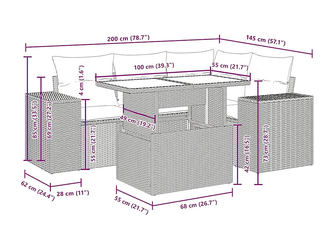 Salon de jardin 5 pcs avec coussins gris clair résine tressée