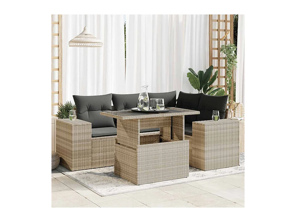 Salon de jardin 5 pcs avec coussins gris clair résine tressée