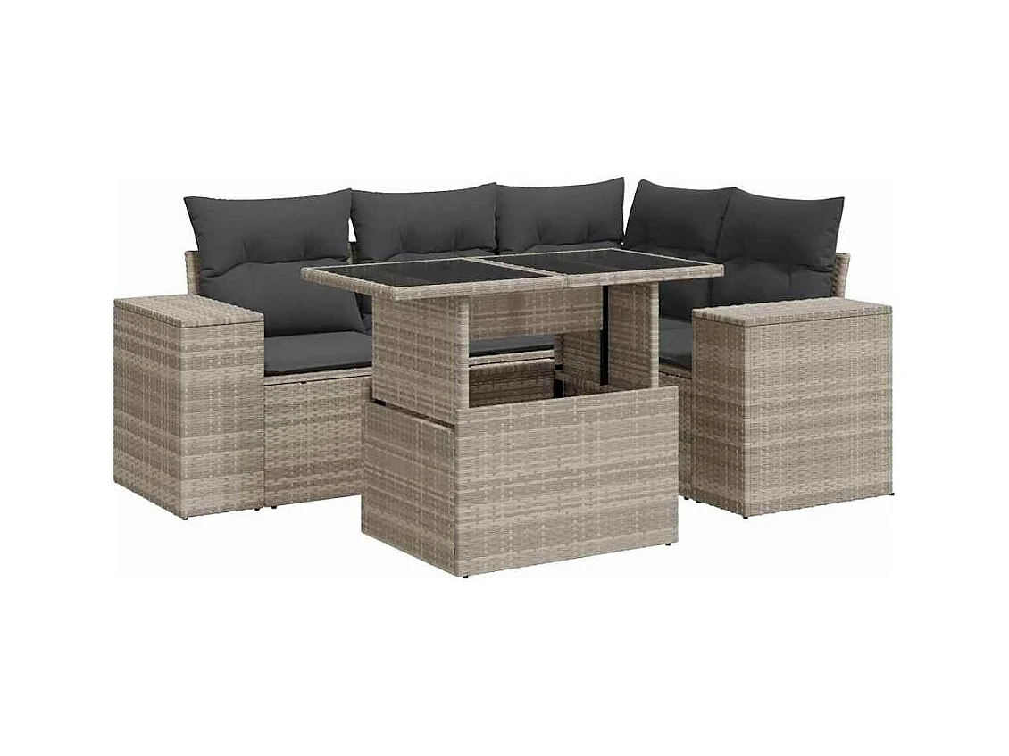 Salon de jardin 5 pcs avec coussins gris clair résine tressée