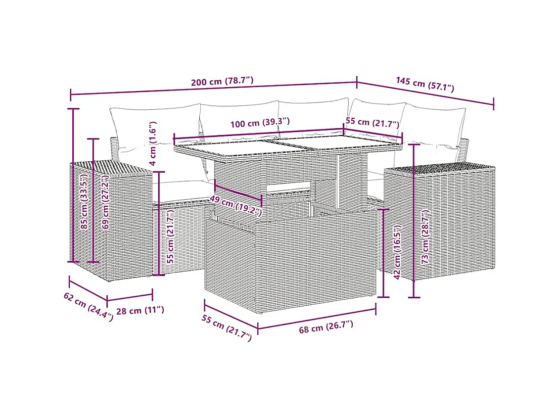 Salon de jardin 5 pcs avec coussins gris clair résine tressée