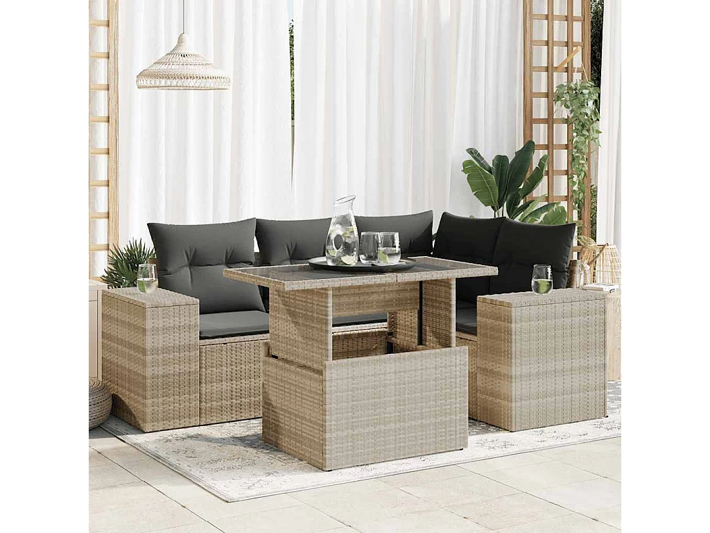 5-tlg. Garten-Sofagarnitur mit Kissen Hellgrau Poly Rattan