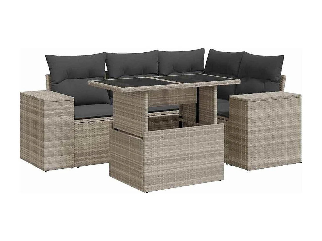 5-tlg. Garten-Sofagarnitur mit Kissen Hellgrau Poly Rattan