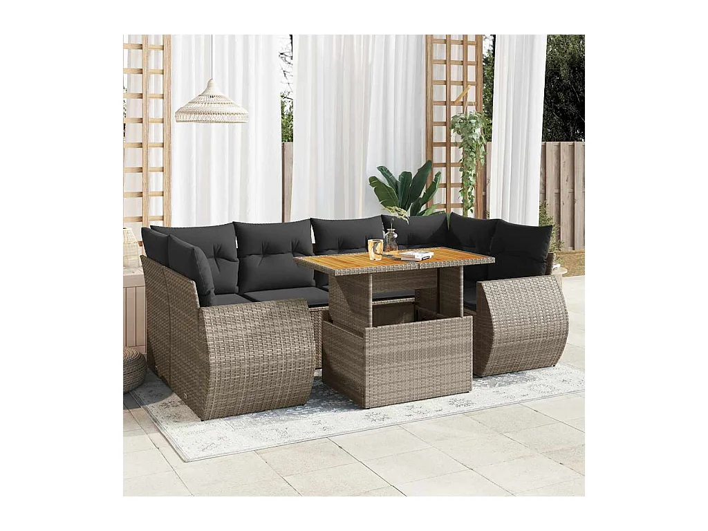 Salon de jardin avec coussins 7 pcs gris résine tressée