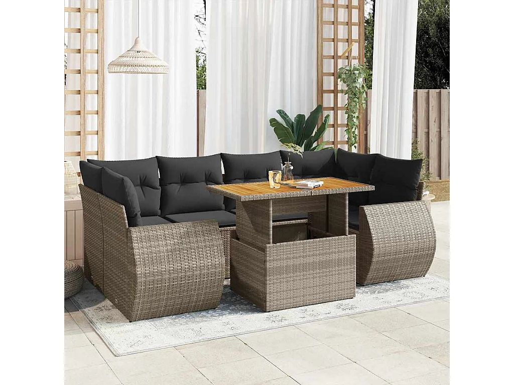 Salon de jardin avec coussins 7 pcs gris résine tressée