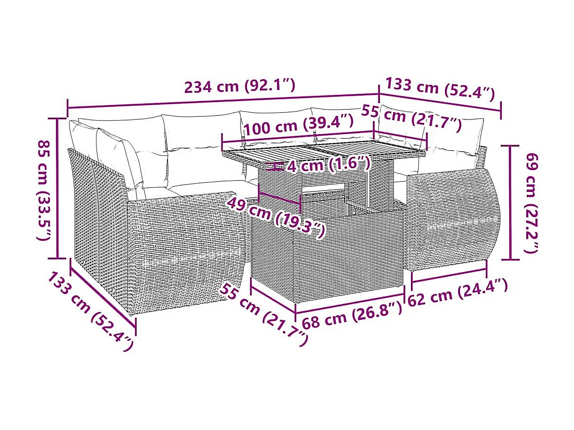 Salon de jardin avec coussins 7 pcs gris résine tressée