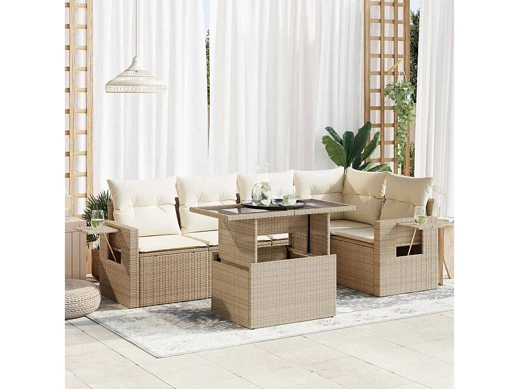 6-tlg. Garten-Sofagarnitur mit Kissen Beige Poly Rattan