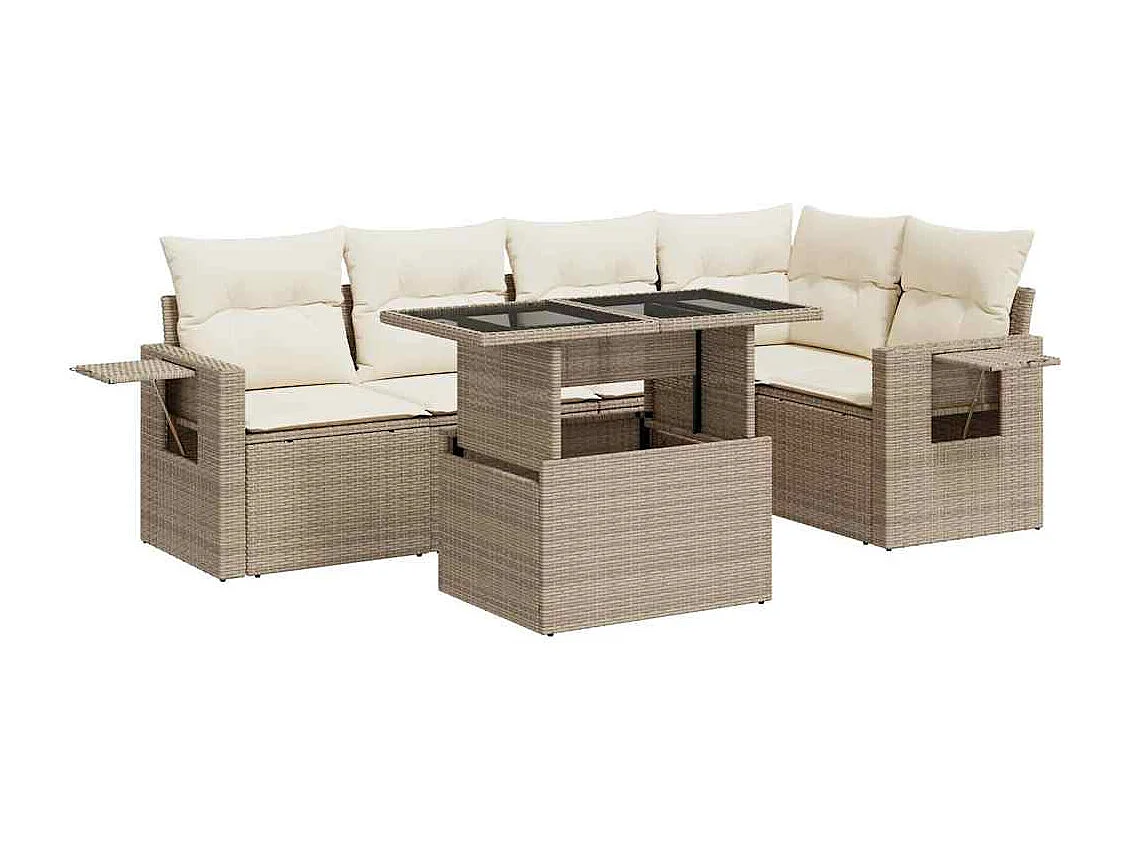 6-tlg. Garten-Sofagarnitur mit Kissen Beige Poly Rattan