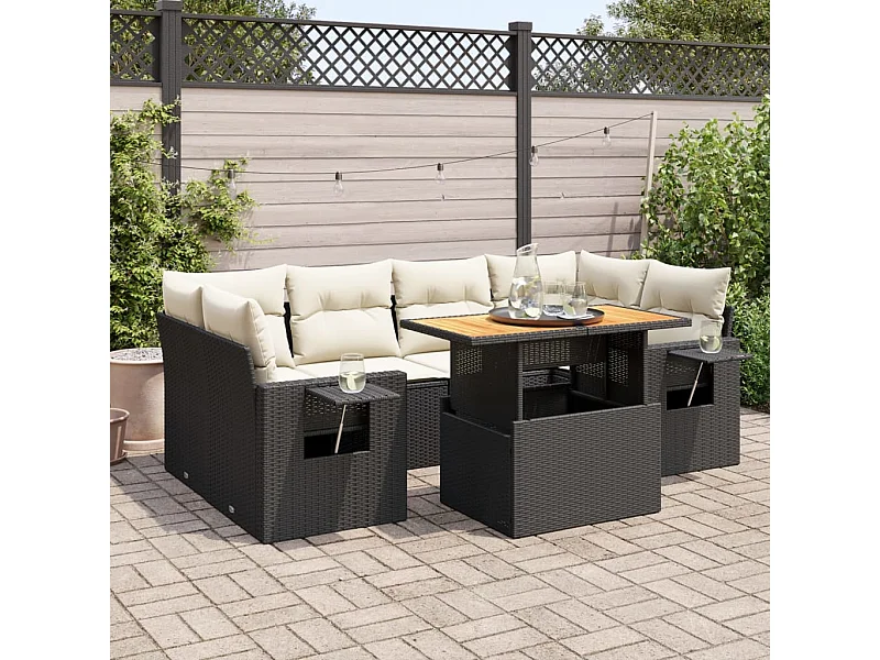 Set Divani da Giardino con Cuscini 7pz Nero Polyrattan