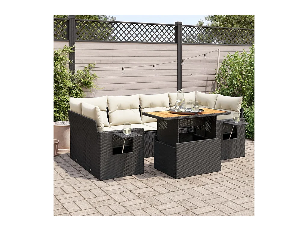Salon de jardin 7 pcs avec coussins noir résine tressée