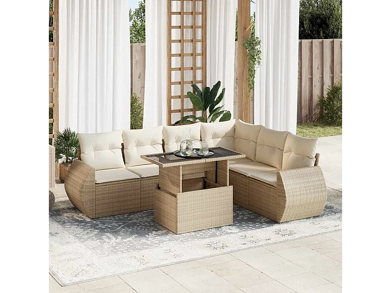Salon de jardin avec coussins 7 pcs beige résine tressée