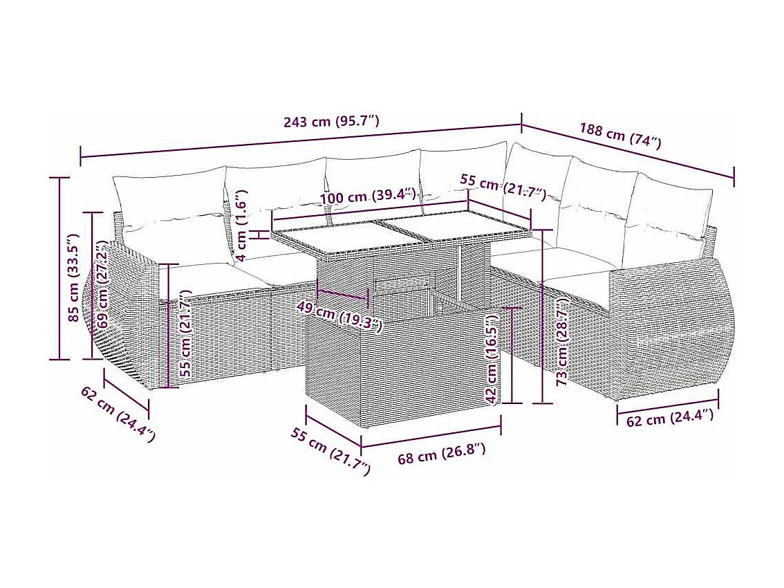 Set Divani da Giardino 7 pz con Cuscini Beige in Polyrattan