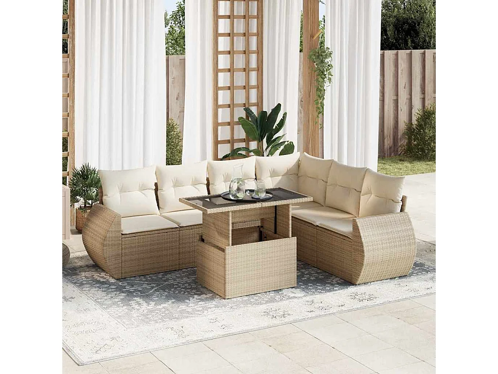 Set Divani da Giardino 7 pz con Cuscini Beige in Polyrattan