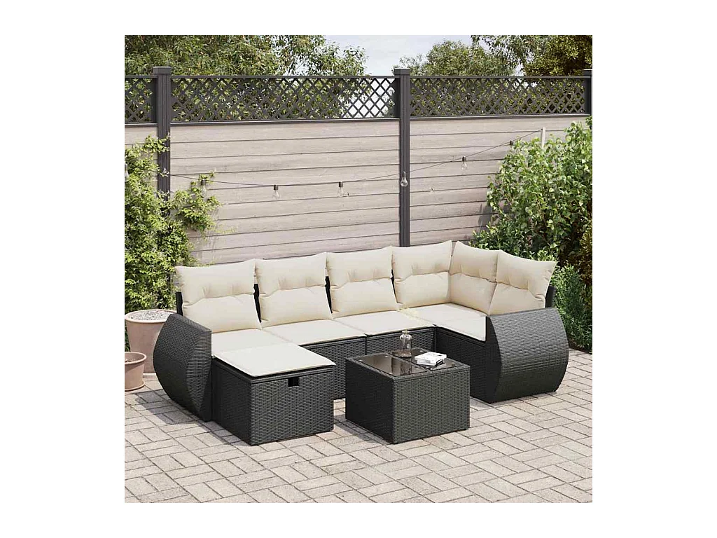 Salon de jardin 7 pcs avec coussins noir résine tressée