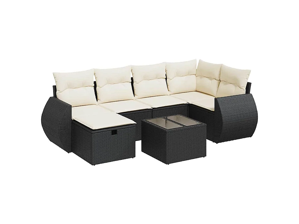 7-tlg. Garten-Sofagarnitur mit Kissen Schwarz Poly Rattan