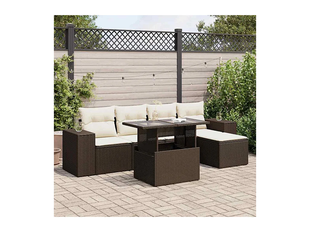Salon de jardin avec coussins 6 pcs marron résine tressée