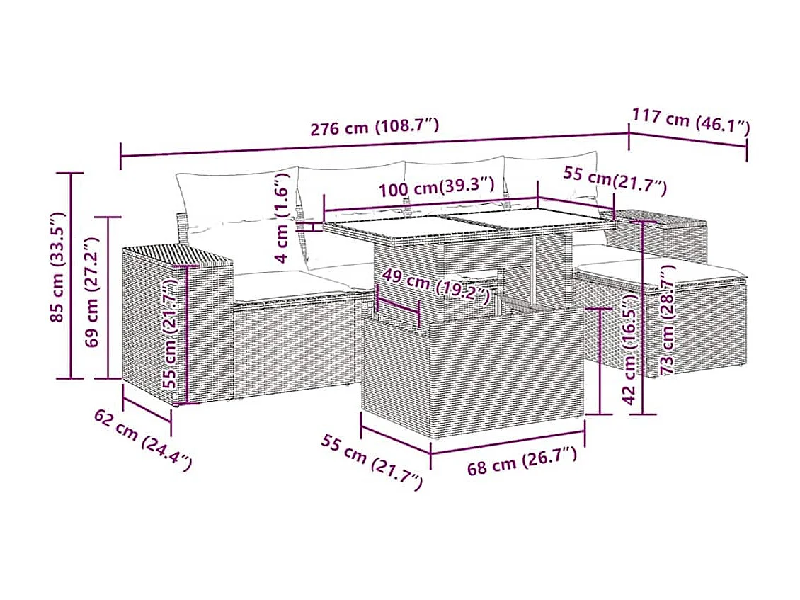 Salon de jardin avec coussins 6 pcs marron résine tressée