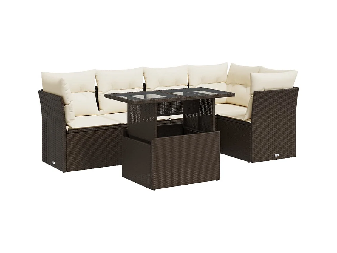 Salon de jardin avec coussins 6 pcs marron résine tressée
