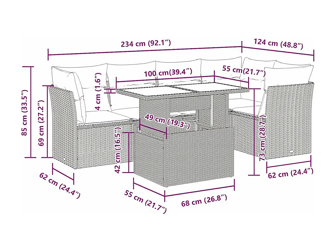 Salon de jardin avec coussins 6 pcs marron résine tressée