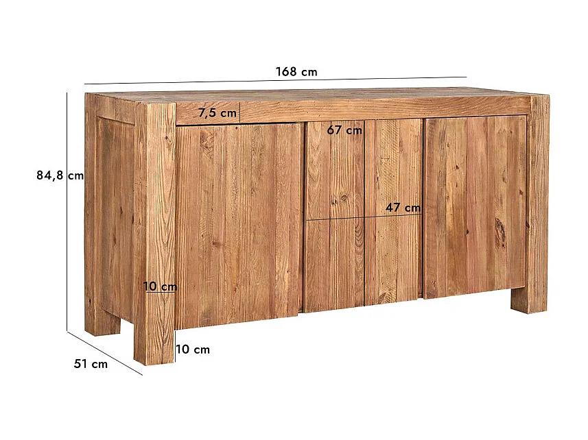 Buffet 168 cm 3 portes 3 tablettes bois de pin massif recyclé - CHALET